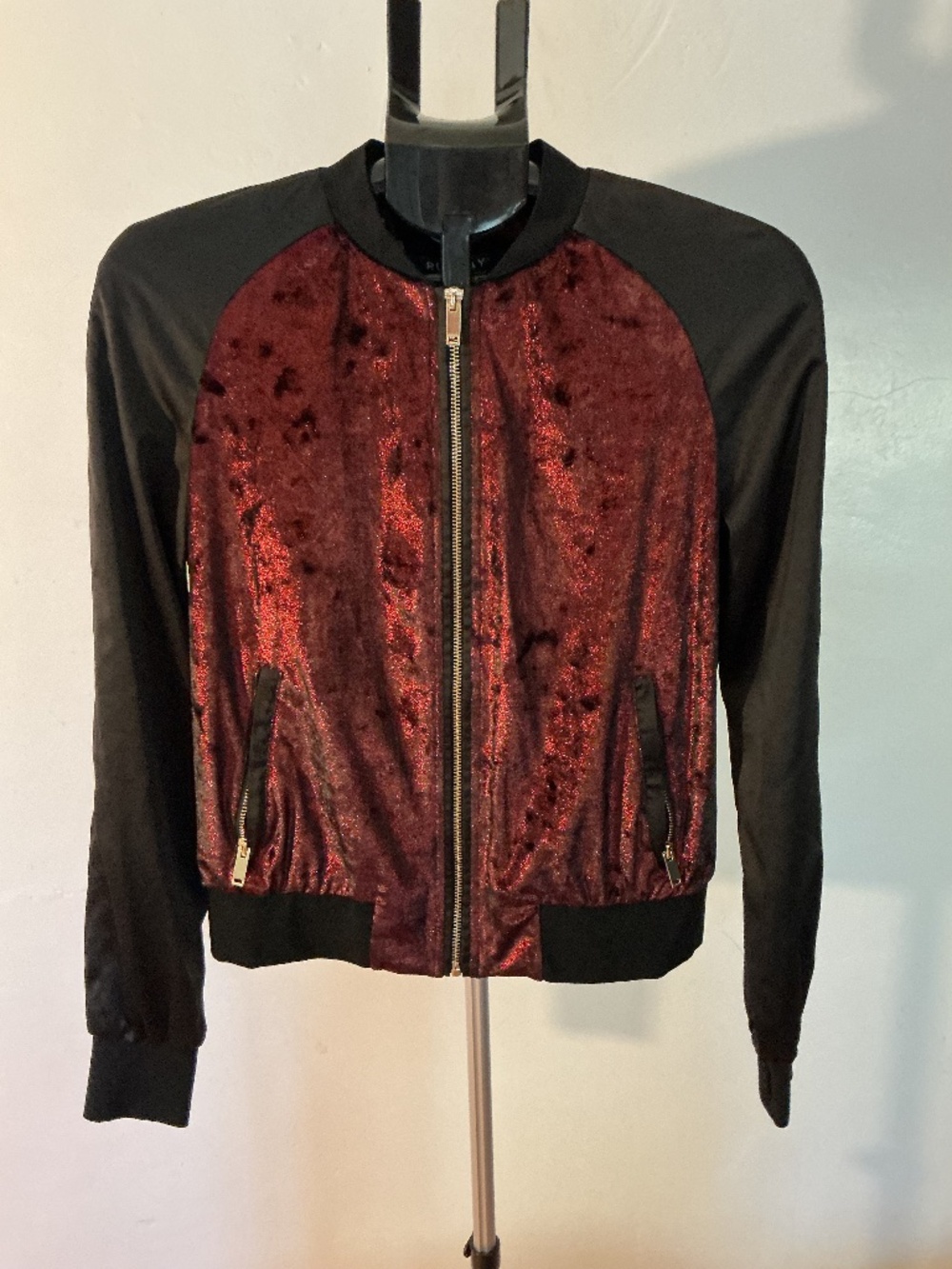 Women’s Runway Black And Sparkly Red Varsity Satin Lightweight Zip Up Jacket